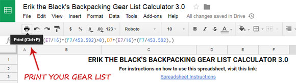 Backpacking Gear List Spreadsheet Instructions